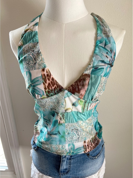 Edikted Tops - NWT Edikted Catie Patchwork Mesh Halter Top Green Teal Mix
